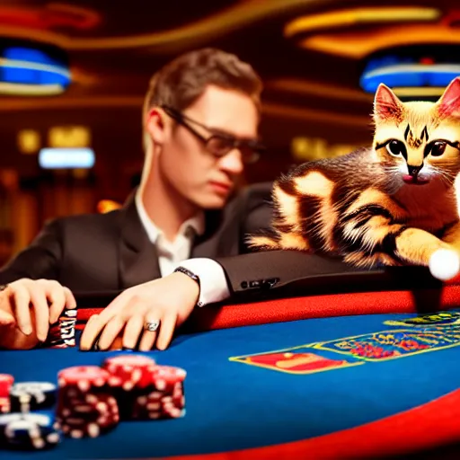 Prompt: man holding a toy cat and a spoon, sitting at a blackjack table, casino, las vegas, 8 k, highly detailed, photo realistic, unreal engine