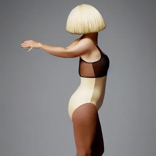 Image similar to sia furler wearing a skin colored leotard full body artistic photoshoot