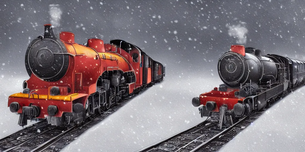 Prompt: ultra detailed and realistic painting of a heavy steam train in the snow under a blizzard, realistic style, inspired by very beautiful cute and colored disney movie backgrounds, bloom, high details, rendered in 8 k unreal engine