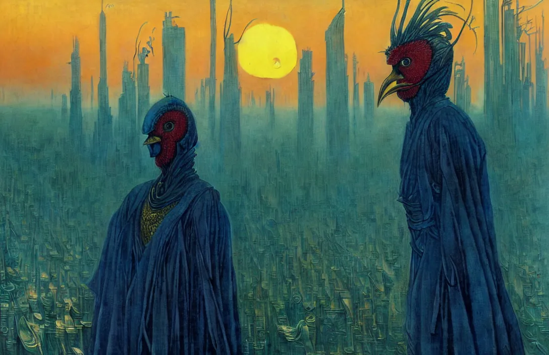 Image similar to realistic detailed portrait movie shot of a birdman wearing dark ragged robes, futuristic city sunset landscape background by denis villeneuve, amano, yves tanguy, alphonse mucha, ernst haeckel, max ernst, roger dean, rich moody colours, blue eyes