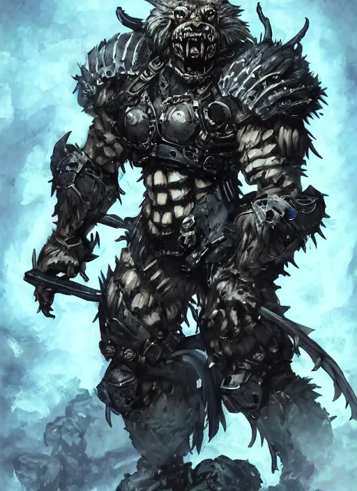 Image similar to Full body portrait of a scary gnoll wolf man. Armour made of human skulls. Giant War Scythe. Glowing blue eyes In style of Yoji Shinkawa and Hyung-tae Kim, trending on ArtStation, dark fantasy, great composition, concept art, highly detailed.