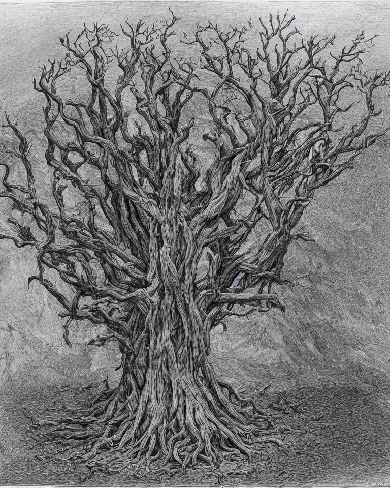 Prompt: A giant mythical wretched tree made of human flesh, limbs and bones growing on corpses in the middle of a desert canyon. Bird view. Inspired by Gustave Doré.