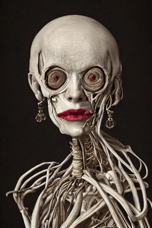 Image similar to Detailed maximalist portrait of a beautiful old woman with large lips and eyes, scared expression, botanical skeletal with extra flesh, HD mixed media, 3D collage, highly detailed and intricate, surreal illustration in the style of Caravaggio, dark art, baroque, centred in image