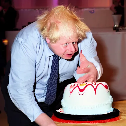 Image similar to pig man boris johnson attacking a cake