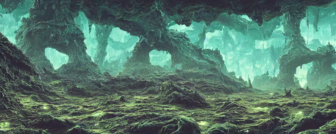 Image similar to ” slimy alien landscape, [ organic, disgusting, cinematic, detailed, epic, widescreen, opening, establishing, mattepainting, photorealistic, realistic textures, octane render, art by slop and paul lehr ] ”