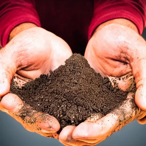 Prompt: man with a handful of dirt in his hand about to put it in his mouth