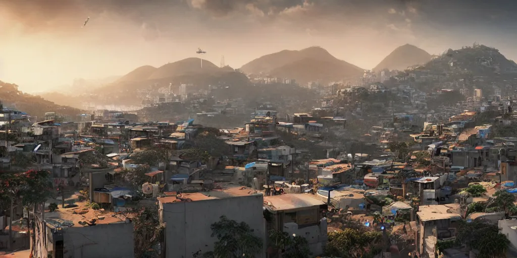 Prompt: a film still from elysium by james paick - a modern architectural city overlooking african favelas below in the distance, vibrant, 5 0 mm lens, video game environment design, behance hd, studio, evening, dramatic lighting, cinematic, global illumination, deviant art, trending on artstation, bloom