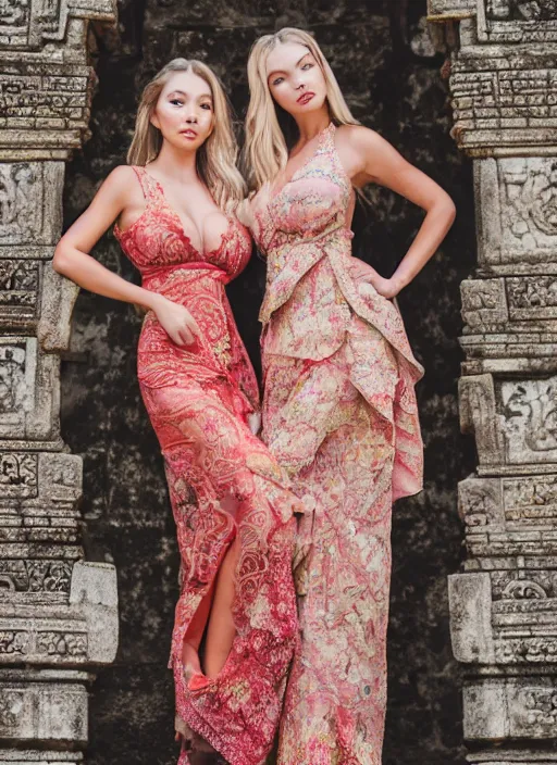 Prompt: portrait of lindsey pelas and anya taylor jou wearing kebaya in bali temple, by charlotte grimm, natural light, detailed face, beautiful features, symmetrical, canon eos c 3 0 0, ƒ 1. 8, 3 5 mm, 8 k, medium - format print, half body shot