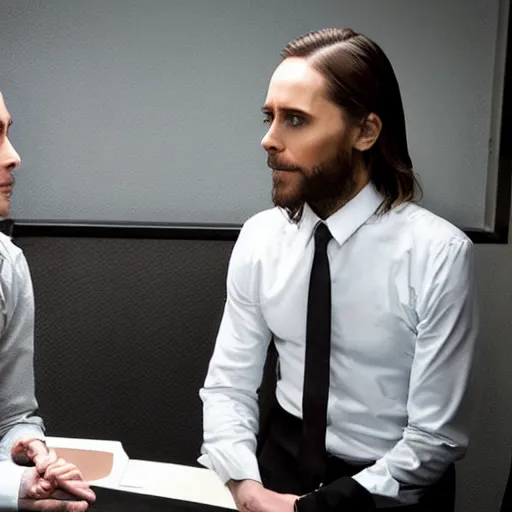 Prompt: jared leto meeting saul goodman in an interrogation room