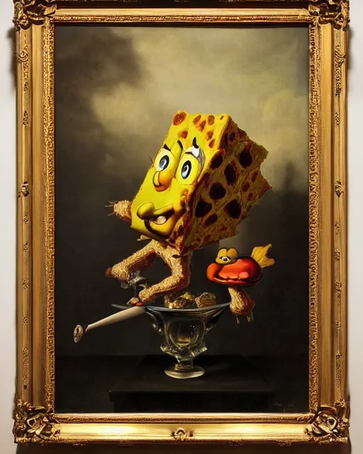 Prompt: refined gorgeous blended oil painting with black background by christian rex van minnen rachel ruysch dali todd schorr of a chiaroscuro portrait of spongebob squarepants dutch golden age vanitas intense chiaroscuro cast shadows obscuring features dramatic lighting perfect symmetry perfect composition masterpiece