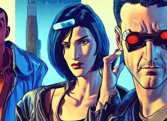 Image similar to cyberpunk police detectives. portrait by stonehouse and mœbius and will eisner and gil elvgren and pixar. character design. realistic proportions. cyberpunk 2 0 7 7 character art, blade runner 2 0 4 9 concept art. cel shading. attractive face. thick lines. the team. diverse characters. shadowrun.