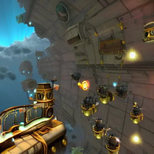 Prompt: Screenshot of Cloudjumper, an steampunk 3d game with cute flying ships in fluffy clouds