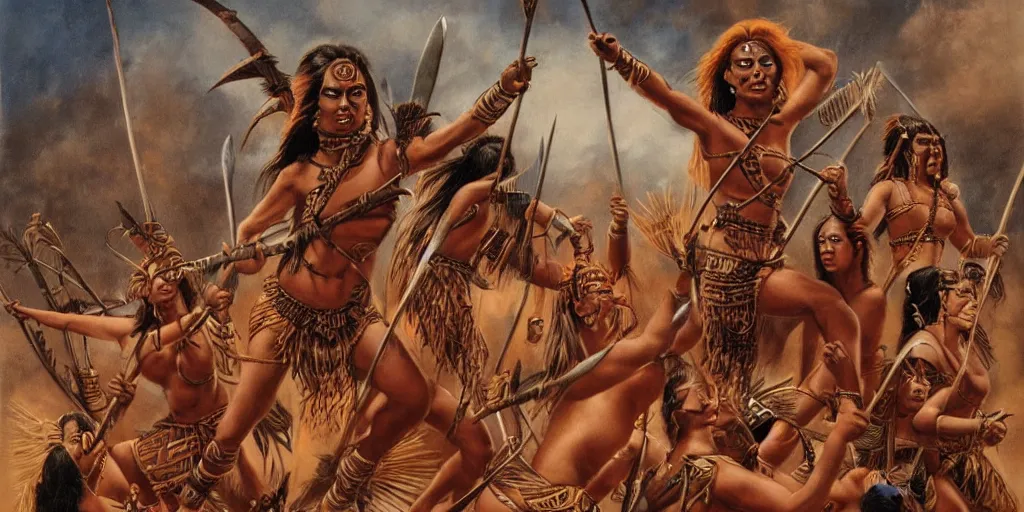 Image similar to movie, powerful beautiful aztec and Amazonian warrior female tribes attack each other,bows and arrows, spears, epic, vintage, Boris vallejo, sepia, apocalypto