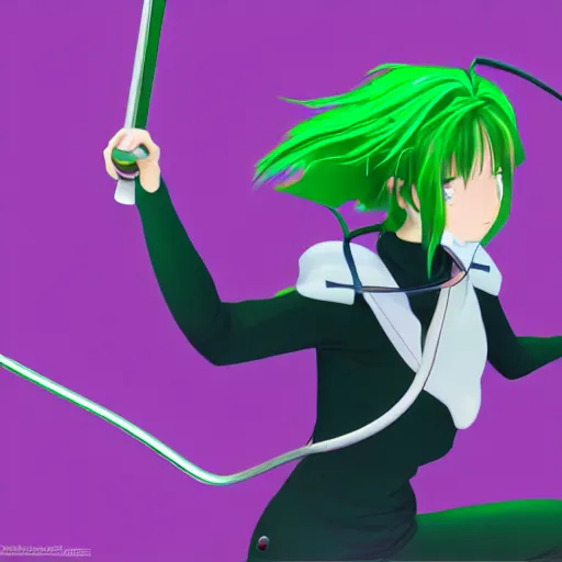 Prompt: anime fencer, green hair, cinematic lighting, animation, illustration