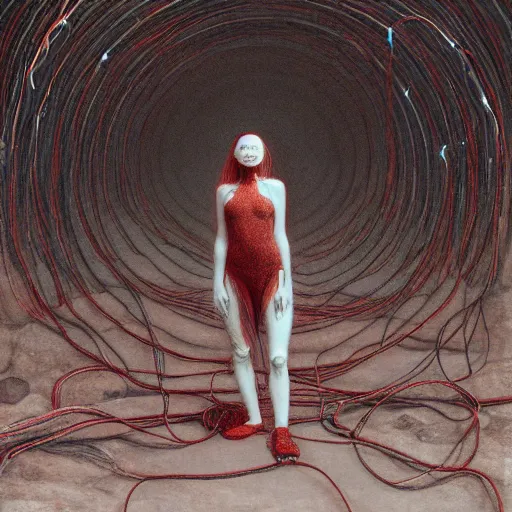 Image similar to shore of the lake, woman, wrapped around by tubes and cables veins and nerves, bones, short black curly hair, glowing red, by edgar maxence and ross tran, zdzisław beksinski, un and michael whelan, distant, gustav dore, h. r. giger, 8 k, octane render