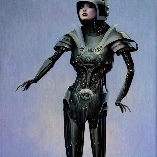 Image similar to full body portrait of beautiful gothic and futuristic fashion model, open space armour, cyber armour, highly detailed, artstation, illustration, composition, 8 k quality, art by jean delville, rene magritte, hyperrealism oil painting