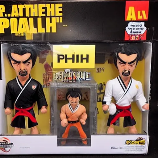 Image similar to dr. phil fighting bruce lee pvc figures, ultra smug faces, karate movie, action fx