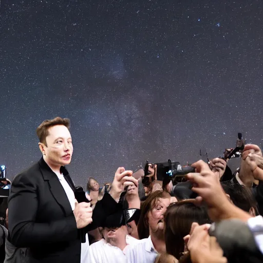 Image similar to elon musk pointing at the stars while people are crowding around