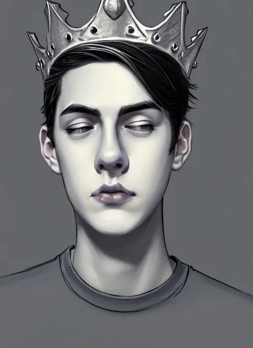 Image similar to portrait of teenage jughead jones wearing a light grey crown, photorealistic, crown, eyes closed, crown, black hair, intricate, elegant, glowing lights, highly detailed, digital painting, artstation, concept art, smooth, sharp focus, illustration, art by wlop, mars ravelo and greg rutkowski