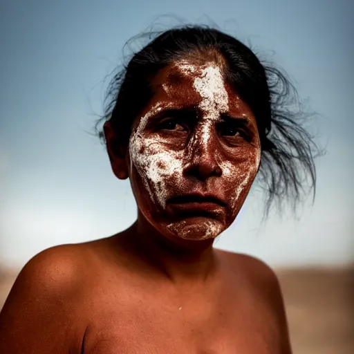 Prompt: A worried Mexican female in her late 30s, with brown skin, dark hair, brown eyes, skin pores, face is covered with volcanic dust. Black dusty background. Dramatic contrasting light. Documentary photo. Beautiful photo. Sigma 40mm f/1.4 DG HSM