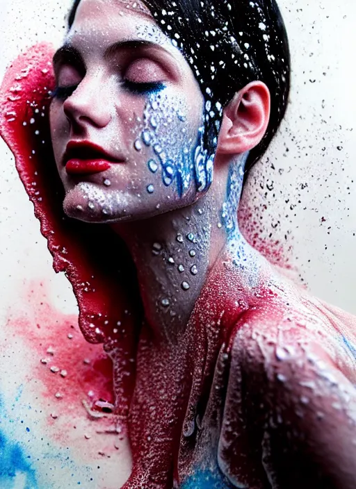 Prompt: beautiful young woman covered in soda water, in the style of irakli nadar, effervescent, warm, dark, watercolor, deep mood, hyperrealism, epic and cinematic,