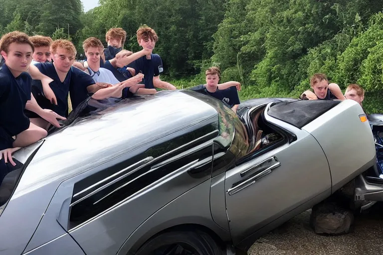 Image similar to Group of teenagers push Rolls-Royce into lake with their hands from a small slide wanting to drown him