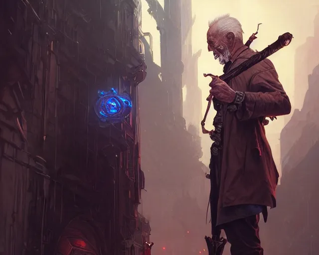 Prompt: old man with cyberpunk walking stick, deep focus, d & d, fantasy, intricate, elegant, highly detailed, digital painting, artstation, concept art, matte, sharp focus, illustration, hearthstone, art by artgerm and greg rutkowski and alphonse mucha