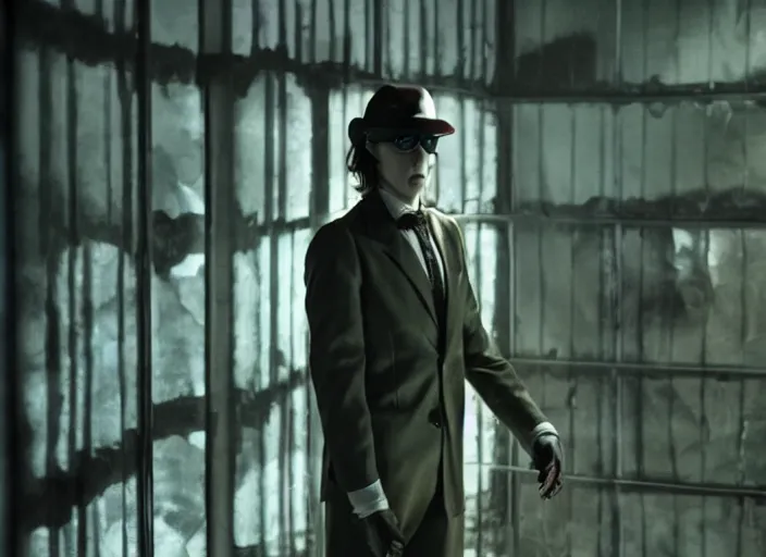 Image similar to film still of Paul Dano as Riddler in The Batman, 4k, dark lighting, film noir, grainy, dark tone