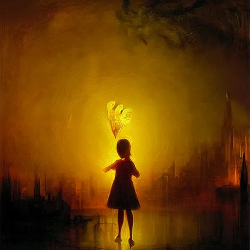 Image similar to digital art cyberpunk cityscape nighttime silhouette of young girl holding balloon in the foreground painted by turner 1860