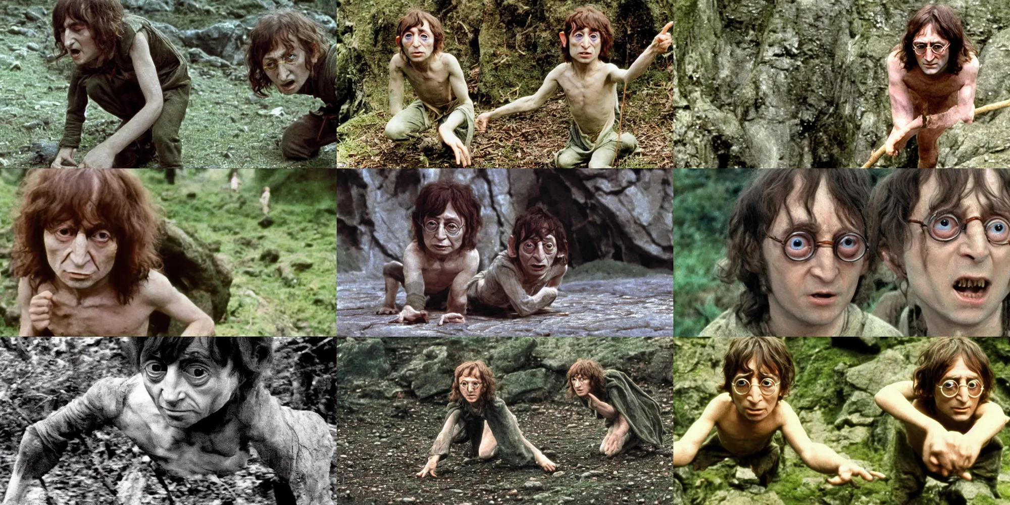 Prompt: A full color still of young John Lennon in Gollum makeup and costume, without glasses, on all fours, in The Lord of the Rings directed by Stanley Kubrick, 1967 film,