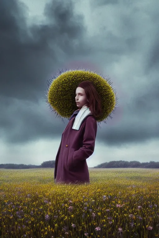 Image similar to portrait, enormous daisy flower head, a girl wearing coat in heather field, surreal photography, wind and cold, dramatic sky, impressionist painting, digital painting, artstation, simon stalenhag