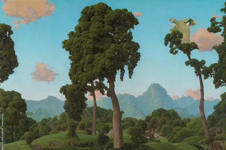 Prompt: painting of a concrete brutalist building, trees, nature, clouds, sunset, chill, romantic, by ludwig deutsch and maxfield parrish, patterned tilework, extremely detailed, cinematic lighting, smooth sharp focus