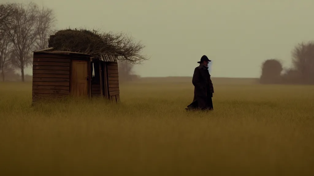 Image similar to a man in a trench coat walks to a shack in a field, film still from the movie directed by Denis Villeneuve, wide lens