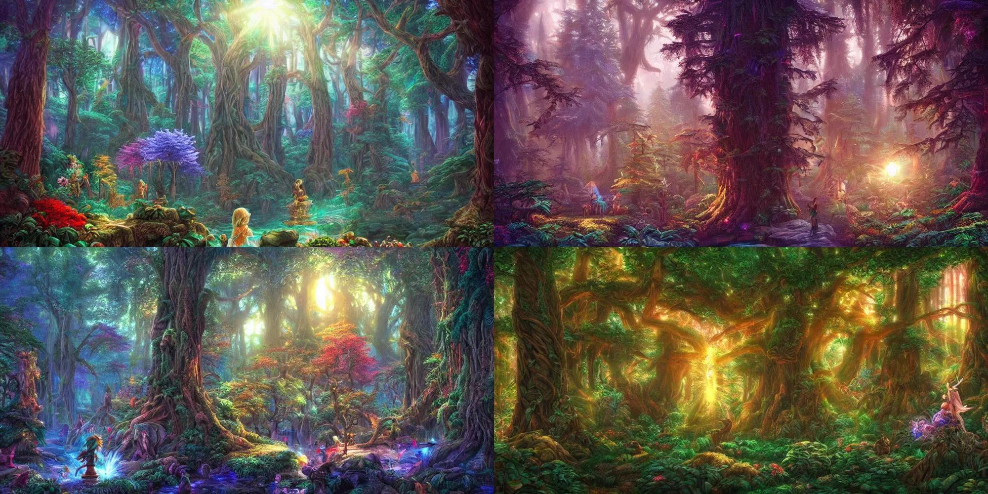 Prompt: magical forest with tall trees and statues of ancient gods | whimsical | fairy tale | hyper realistic | volumetric lighting | sunshafts | secret of mana | dan mumford, thomas kinkade