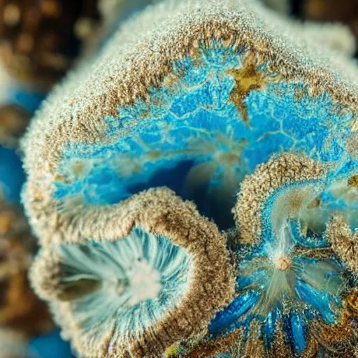 Prompt: a close up of a blue mycelium, a microscopic photo by earnst haeckel, chlorociboria fungus, elven cup mushroom, featured on shutterstock, ecological art, bioluminescence, macro photography, biomorphic