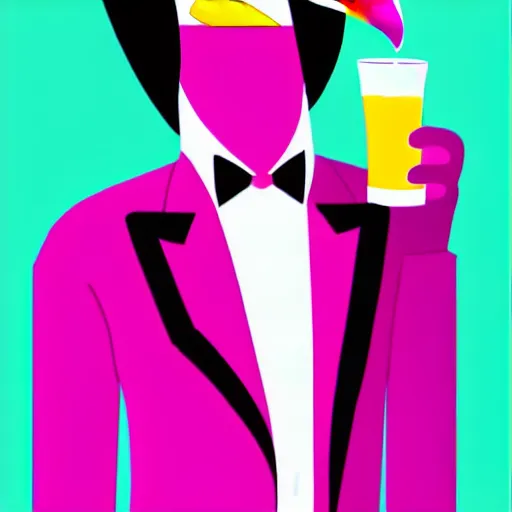 Prompt: toucan-headed man wearing an open pink suit vest and a white shirt having a drink at a bar, vaporwave