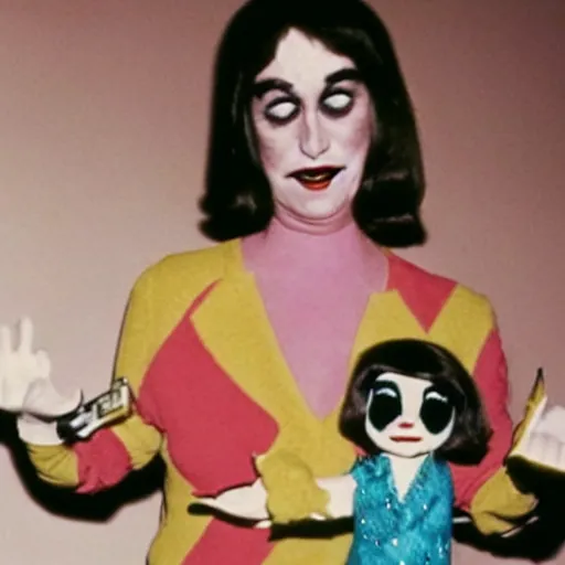 Image similar to 1976 a woman holding a hand puppet made out of human hair and cute eyes 16mm technicolor Almodovar John Waters Russ Meyer Doris Wishman old photo