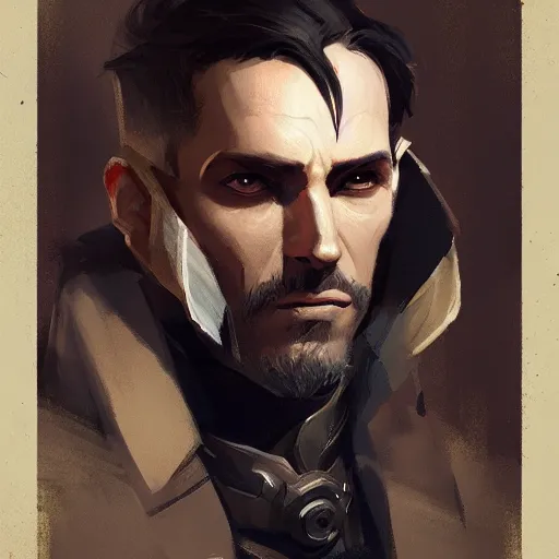 Prompt: a portrait of a noble man in the style of dishonored videogame, digital painting, trending on artstation, detailed, greg rutkowski,