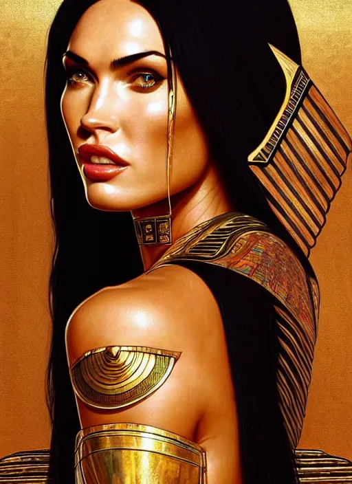 Image similar to portrait of megan fox as egypt queen, pharao, sun, mummy, scarab, pyramids, gold, intricate, headshot, highly detailed, digital painting, artstation, concept art, sharp focus, cinematic lighting, illustration, art by artgerm and greg rutkowski, alphonse mucha, cgsociety