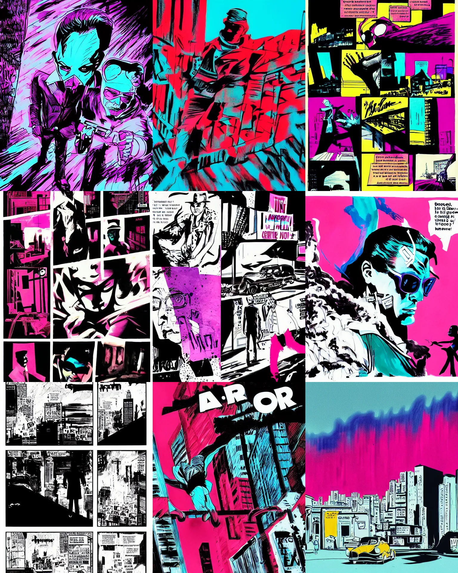 Prompt: a noir comic book page drawn with vibrant paint markers in hues of aerochrome
