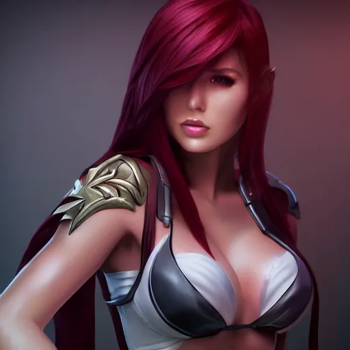 Image similar to Katarina from League of Legends, photorealistic studio portrait, studio lighting, unreal engine 5, hyperrealistic, dynamic lighting, white ambient background, realistic, highly detailed