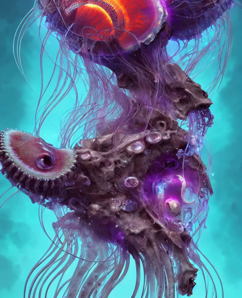 Image similar to goddess close-up portrait ram skull. jellyfish phoenix head, nautilus, orchid, skull, betta fish, bioluminiscent creatures, intricate artwork by Tooth Wu and wlop and beeple. octane render, trending on artstation, greg rutkowski very coherent symmetrical artwork. cinematic, hyper realism, high detail, octane render, 8k