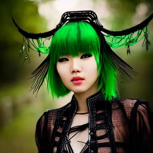 Prompt: a beautiful close up portrait photo of a very beautiful young Chinese female model wearing cybergothic clothing, black hair with bright green streaks of hair, smiling coyly, golden hour in Manhattan, outdoors, professional award winning portrait photography, Zeiss 150mm f/2.8 Hasselblad