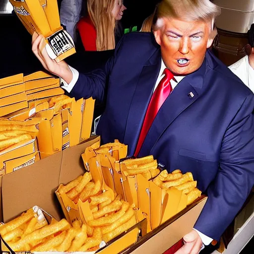 Image similar to a hugely fat version of Donald Trump, carrying a tray of big Macs, trying to squeeze in to a booth at McDonalds. Flash photograph at McDonalds