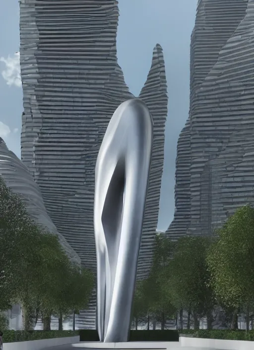 Image similar to highly detailed architecture render of a huge high futuristic metallic stele sculpture in zaha hadid style standing in city park, archdaily, made in unreal engine 4