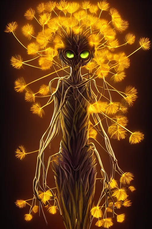 Image similar to a humanoid figure glowing dandelion plant monster, amber eyes, highly detailed, digital art, sharp focus, ambient lighting, autumn, trending on art station, anime art style