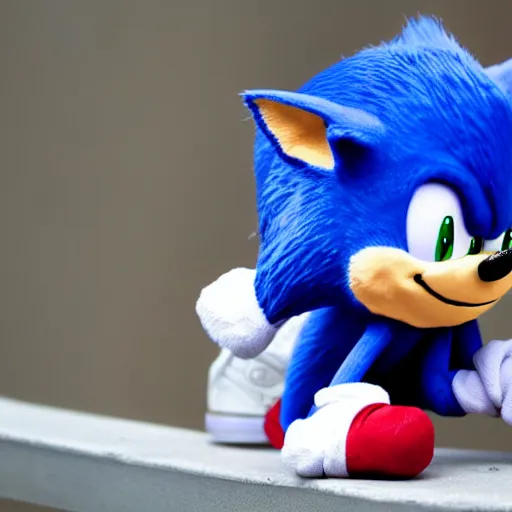 Image similar to plush doll of sonic the hedgehog sitting in vancouver during the morning, 8 k, cute, looks soft, high quality, hd resolution