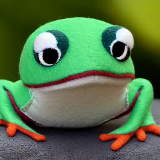 Prompt: closeup frog, very detailed felt plushie, official product image, white studio