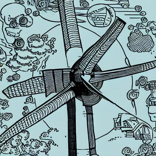 Prompt: Simplistic comic illustration of a wind turbine blueprint, black ball pen on white paper, by Josan Gonzalez and Geof Darrow