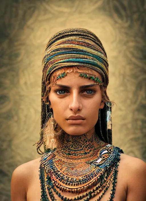 Image similar to portrait of a stunningly beautiful middle eastern tribal female, depth of field, zeiss lens, detailed, symmetrical, centered, fashion photoshoot, by Annie Leibovitz and Steve McCurry, David Lazar, Jimmy Nelsson, Breathtaking, 8k resolution, extremely detailed, beautiful, establishing shot, artistic, hyperrealistic, beautiful face, octane render